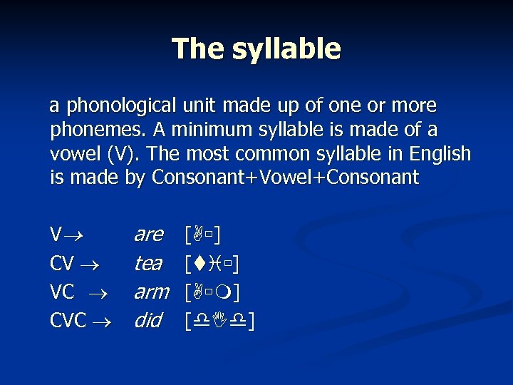 The syllable a phonological unit made up of one or more phonemes. A minimum