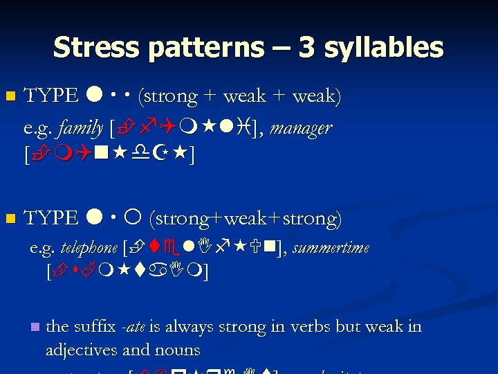 Stress patterns – 3 syllables TYPE (strong + weak) e. g. family [ ],