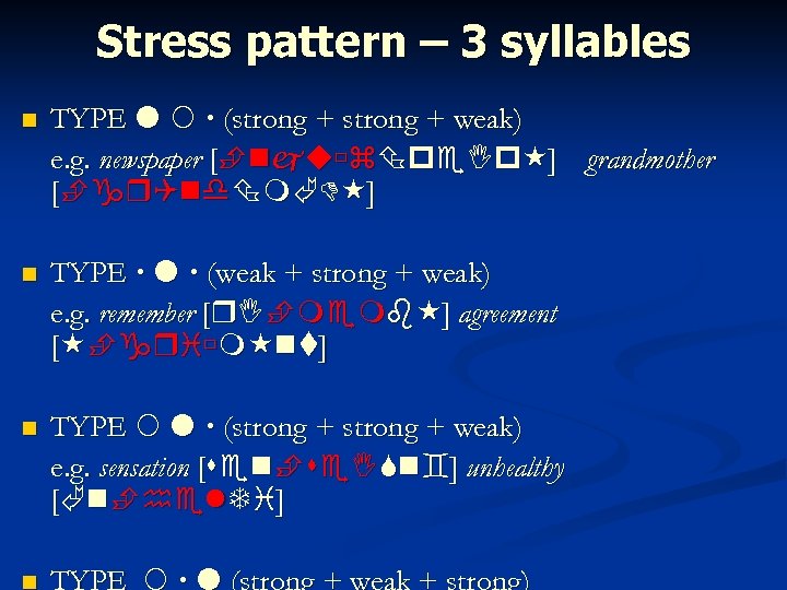 Stress pattern – 3 syllables TYPE (strong + weak) e. g. newspaper [ ]