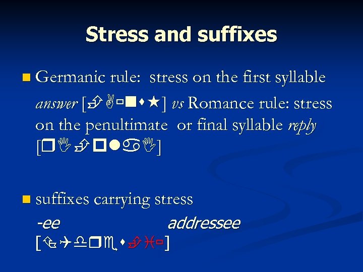 Stress and suffixes Germanic rule: stress on the first syllable answer [ ] vs