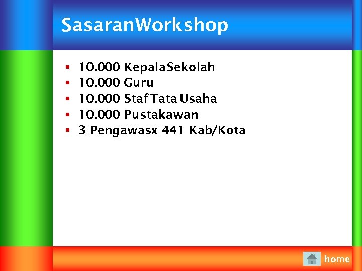 Sasaran Workshop § § § 10. 000 Kepala Sekolah 10. 000 Guru 10. 000