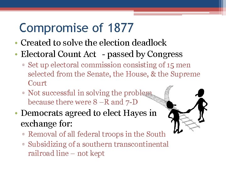 Compromise of 1877 • Created to solve the election deadlock • Electoral Count Act