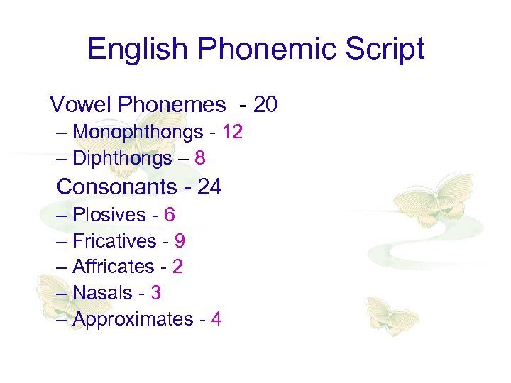 English Phonemic Script Vowel Phonemes - 20 – Monophthongs - 12 – Diphthongs –