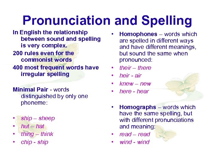 Pronunciation and Spelling In English the relationship between sound and spelling is very complex.