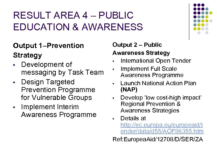 RESULT AREA 4 – PUBLIC EDUCATION & AWARENESS Output 1–Prevention Strategy § Development of