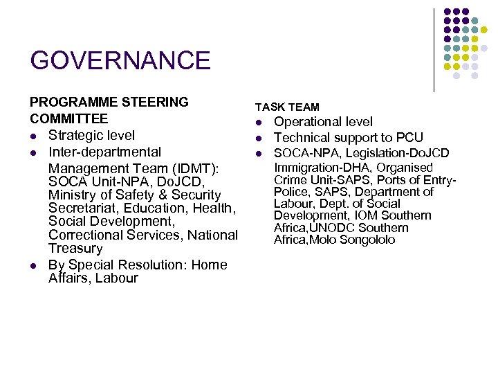 GOVERNANCE PROGRAMME STEERING COMMITTEE l l l Strategic level Inter-departmental Management Team (IDMT): SOCA