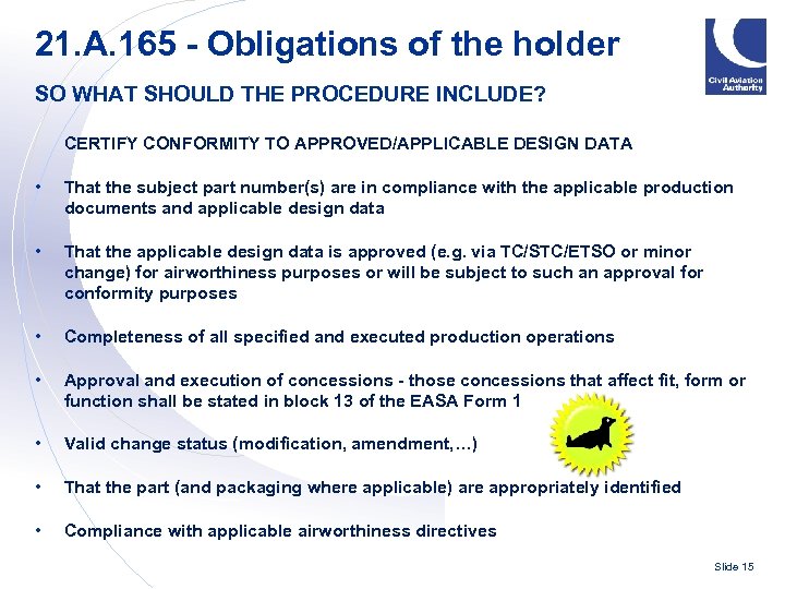 21. A. 165 - Obligations of the holder SO WHAT SHOULD THE PROCEDURE INCLUDE?