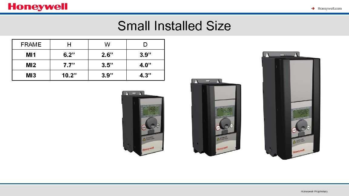 à Honeywell. com Small Installed Size FRAME H W D MI 1 6. 2”