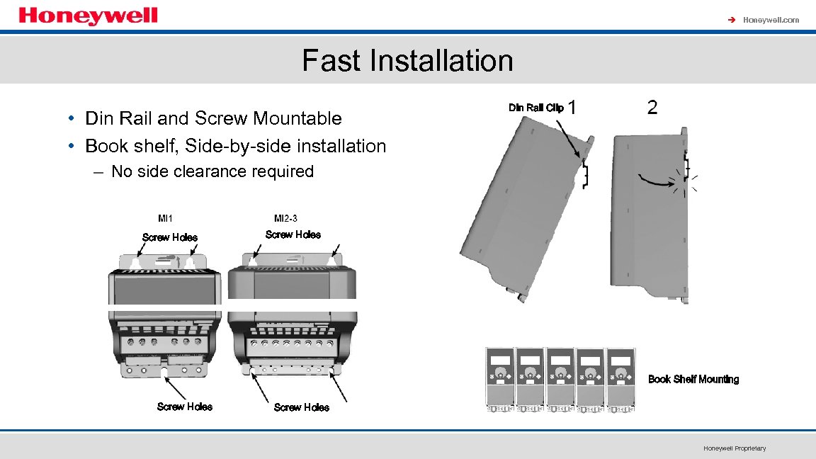 à Honeywell. com Fast Installation • Din Rail and Screw Mountable • Book shelf,