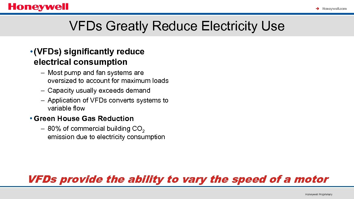 à Honeywell. com VFDs Greatly Reduce Electricity Use • (VFDs) significantly reduce electrical consumption