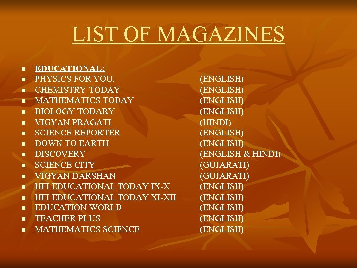 LIST OF MAGAZINES n n n n EDUCATIONAL: PHYSICS FOR YOU. CHEMISTRY TODAY MATHEMATICS