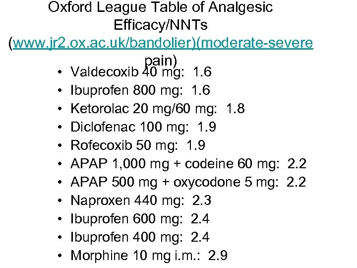 Oxford League Table of Analgesic Efficacy/NNTs (www. jr 2. ox. ac. uk/bandolier)(moderate-severe pain) •