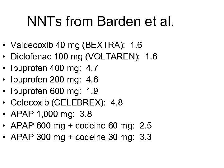 NNTs from Barden et al. • • • Valdecoxib 40 mg (BEXTRA): 1. 6