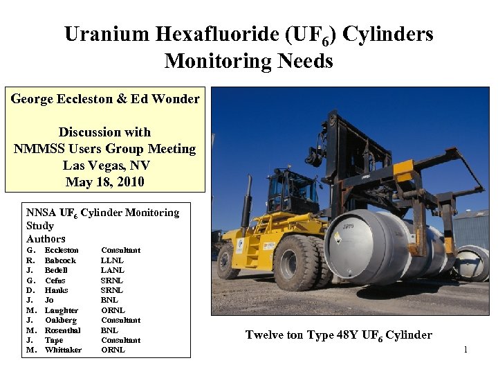 Uranium Hexafluoride (UF 6) Cylinders Monitoring Needs George Eccleston & Ed Wonder Discussion with