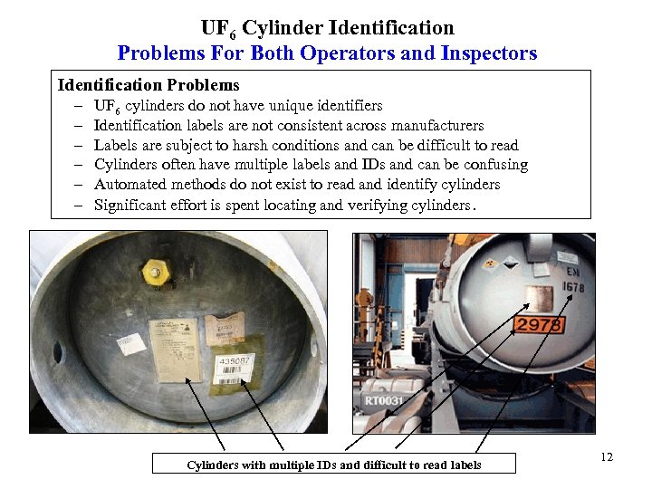 UF 6 Cylinder Identification Problems For Both Operators and Inspectors Identification Problems – –