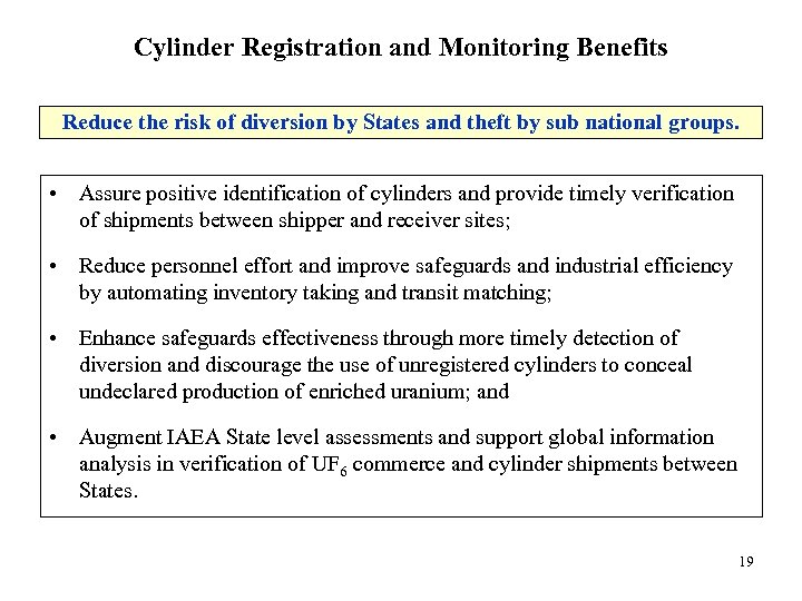 Cylinder Registration and Monitoring Benefits Reduce the risk of diversion by States and theft