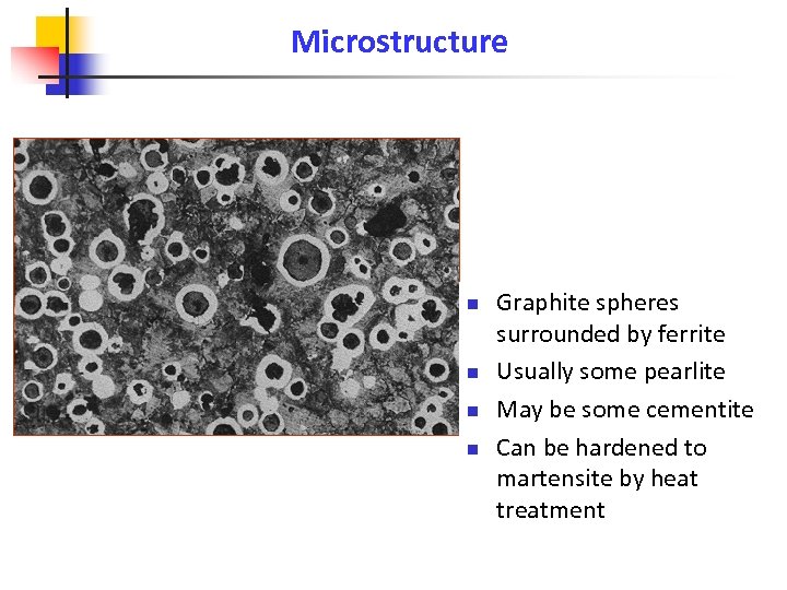 Microstructure n n Graphite spheres surrounded by ferrite Usually some pearlite May be some