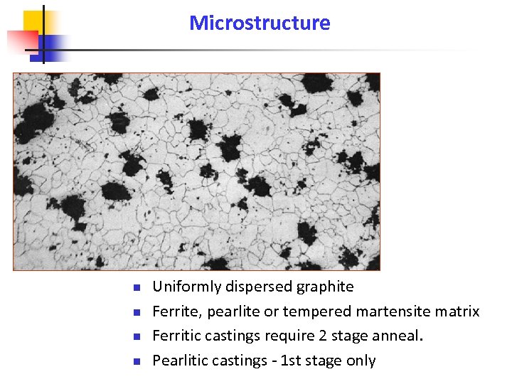 Microstructure n n Uniformly dispersed graphite Ferrite, pearlite or tempered martensite matrix Ferritic castings