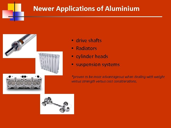 Newer Applications of Aluminium • • drive shafts Radiators cylinder heads suspension systems *proven