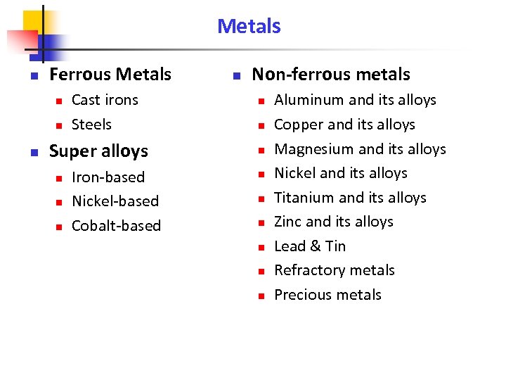 Metals n Ferrous Metals n n n Cast irons Steels Super alloys n n