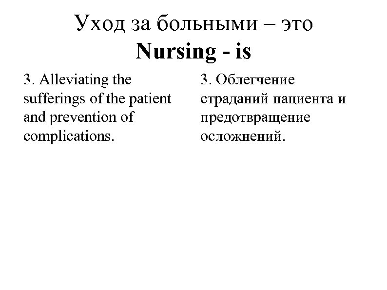 Уход за больными – это Nursing - is 3. Alleviating the sufferings of the