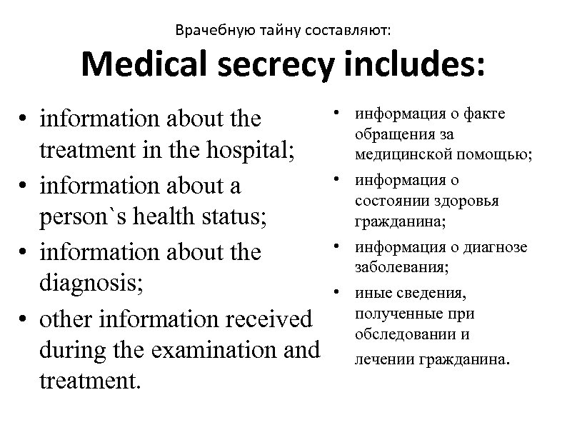 Врачебную тайну составляют: Medical secrecy includes: • • information about the treatment in the