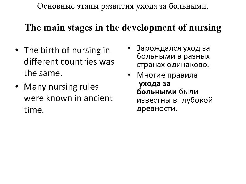 Основные этапы развития ухода за больными. The main stages in the development of nursing