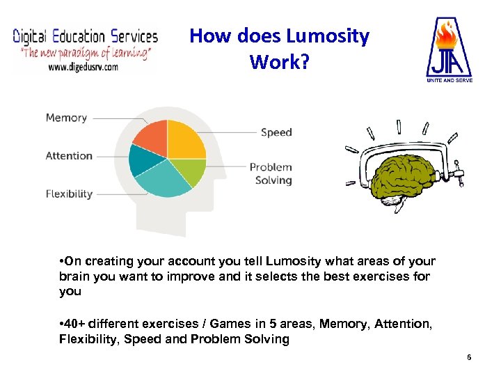 How does Lumosity Work? • On creating your account you tell Lumosity what areas