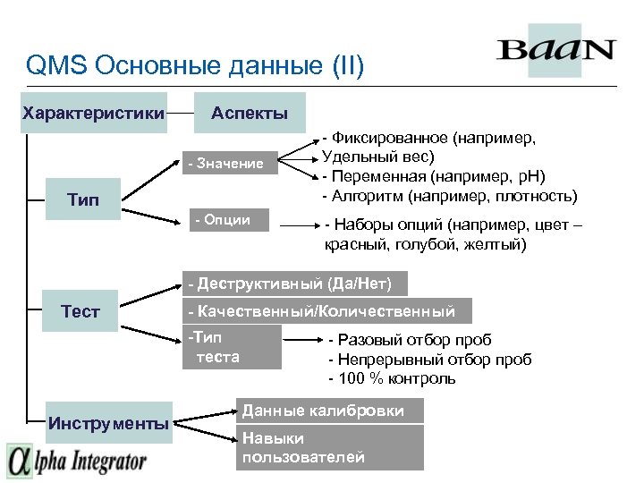 QMS Основные данные (II) Характеристики Аспекты - Значение Тип - Опции - Фиксированное (например,