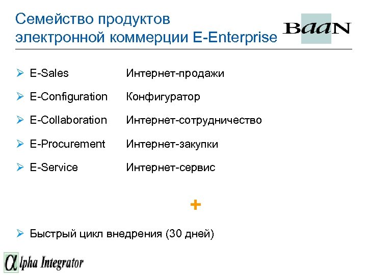 Семейство продуктов электронной коммерции E-Enterprise Ø E-Sales Интернет-продажи Ø E-Configuration Конфигуратор Ø E-Collaboration Интернет-сотрудничество