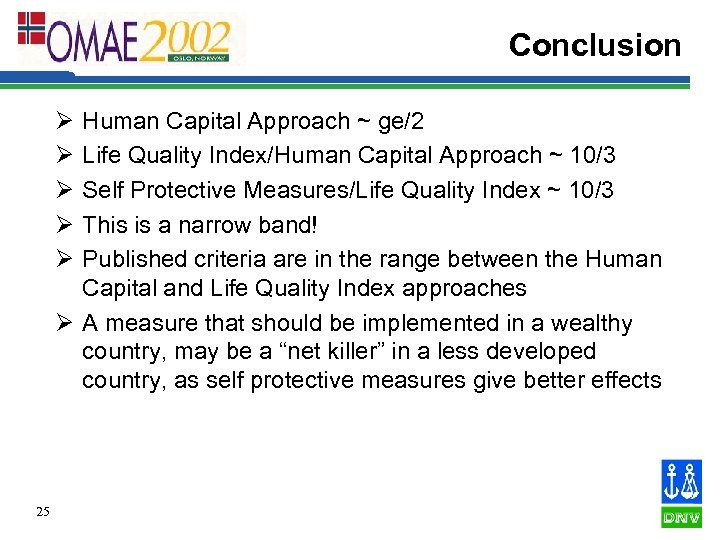 Conclusion Ø Ø Ø Human Capital Approach ~ ge/2 Life Quality Index/Human Capital Approach