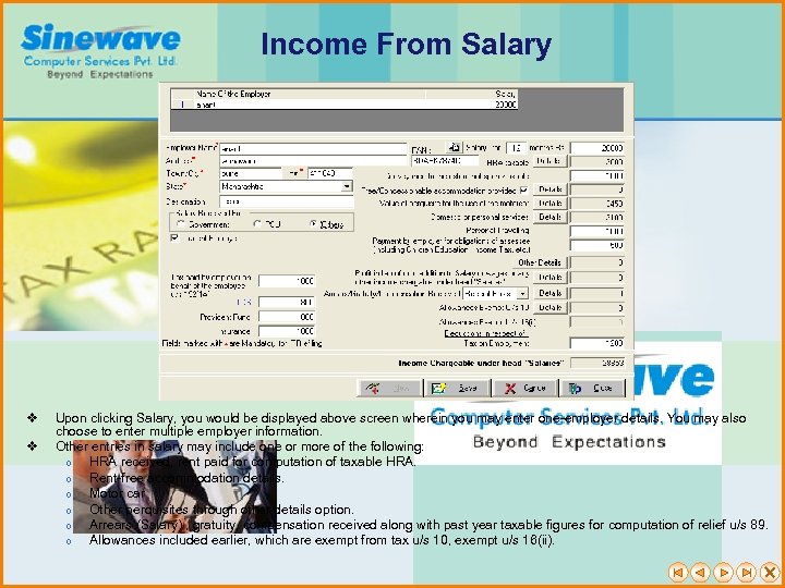 Income From Salary v v Upon clicking Salary, you would be displayed above screen