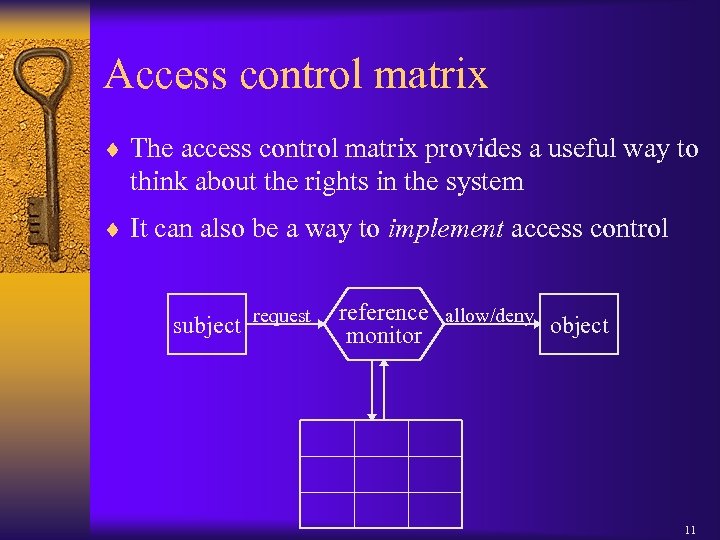Access control matrix ¨ The access control matrix provides a useful way to think