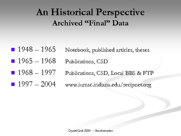 An Historical Perspective Archived “Final” Data 1948 – 1965 n 1965 – 1968 n