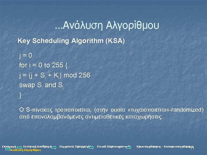 …Ανάλυση Αλγορίθμου Key Scheduling Algorithm (KSA) j=0 for i = 0 to 255 {