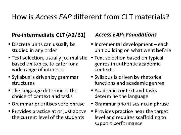 How is Access EAP different from CLT materials? Pre-intermediate CLT (A 2/B 1) •