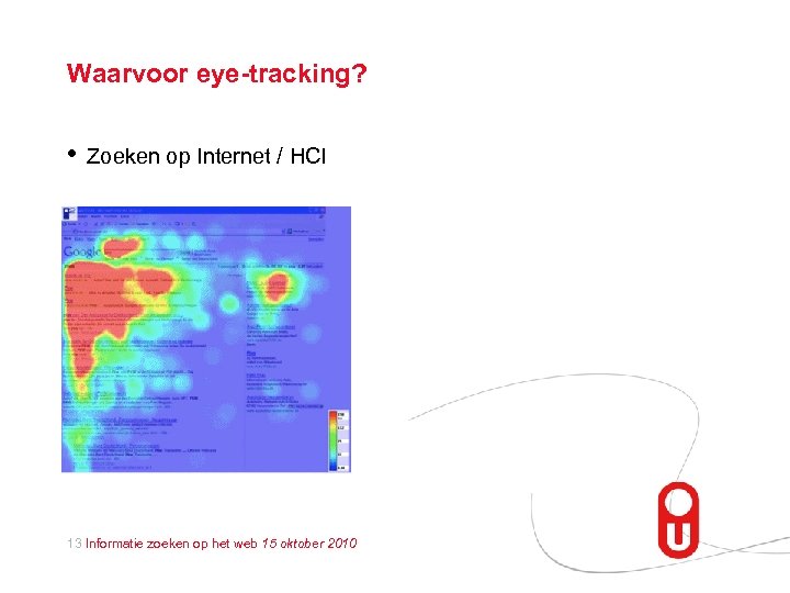 Waarvoor eye-tracking? • Zoeken op Internet / HCI 13 Informatie zoeken op het web