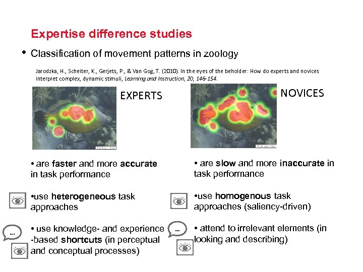 Expertise difference studies • Classification of movement patterns in zoology Jarodzka, H. , Scheiter,