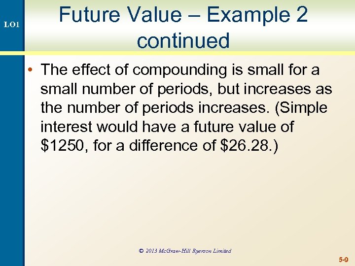 LO 1 Future Value – Example 2 continued • The effect of compounding is