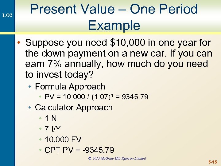 LO 2 Present Value – One Period Example • Suppose you need $10, 000