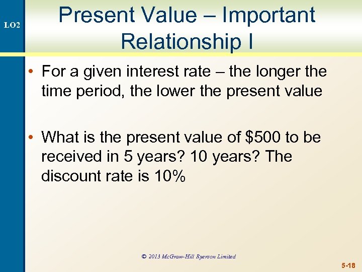 LO 2 Present Value – Important Relationship I • For a given interest rate