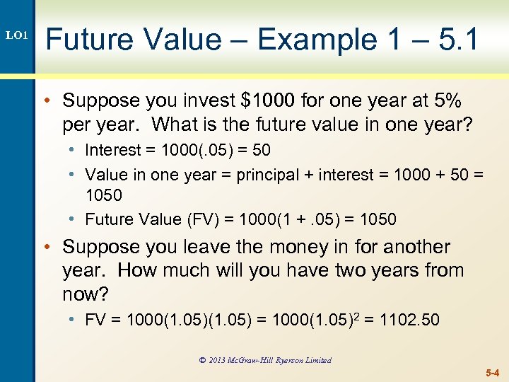 LO 1 Future Value – Example 1 – 5. 1 • Suppose you invest