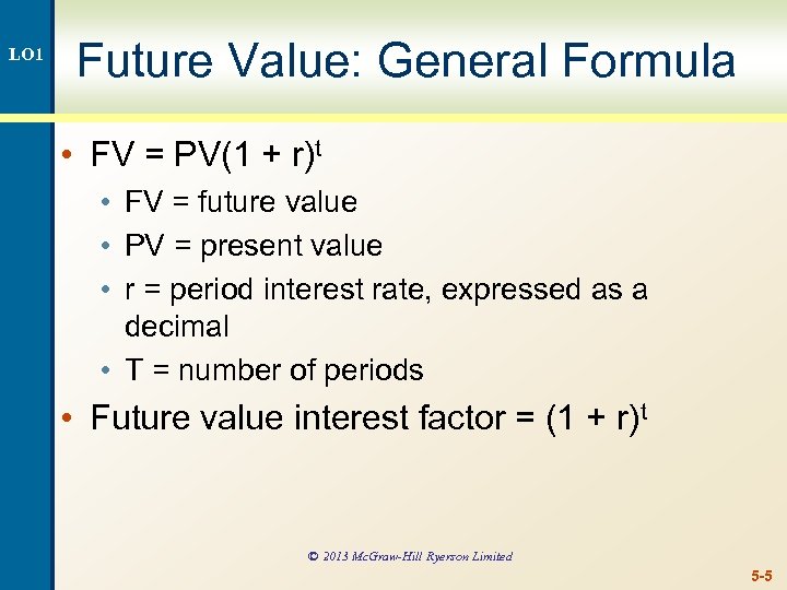 LO 1 Future Value: General Formula • FV = PV(1 + r)t • FV