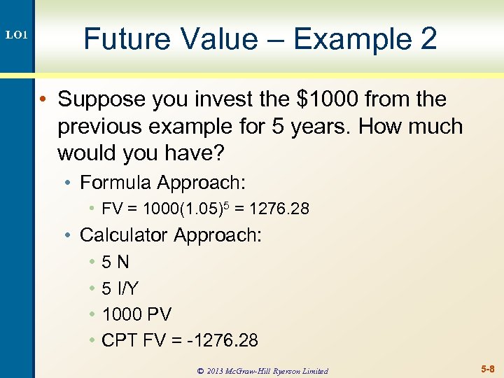 LO 1 Future Value – Example 2 • Suppose you invest the $1000 from