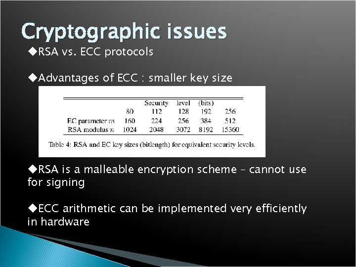 Cryptographic issues u. RSA vs. ECC protocols u. Advantages of ECC : smaller key