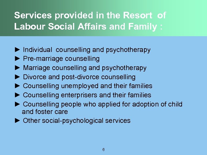 Services provided in the Resort of Labour Social Affairs and Family : ► Individual