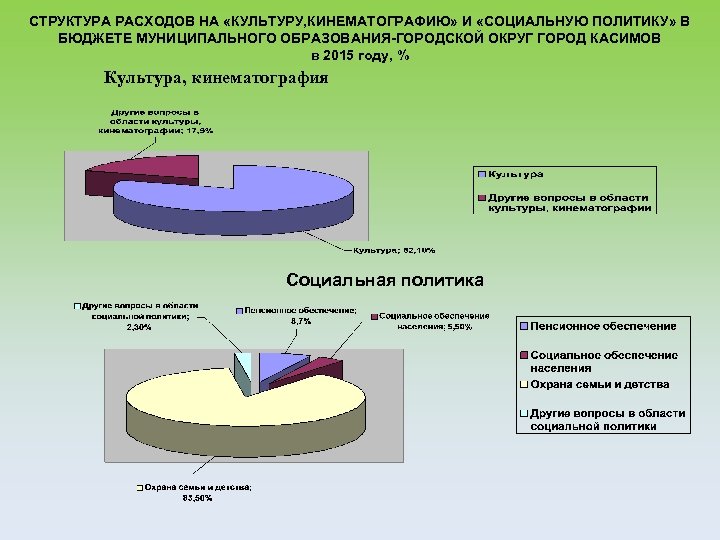 СТРУКТУРА РАСХОДОВ НА «КУЛЬТУРУ, КИНЕМАТОГРАФИЮ» И «СОЦИАЛЬНУЮ ПОЛИТИКУ» В БЮДЖЕТЕ МУНИЦИПАЛЬНОГО ОБРАЗОВАНИЯ-ГОРОДСКОЙ ОКРУГ ГОРОД