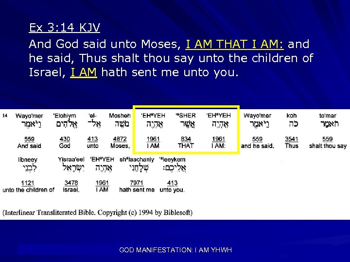 Ex 3: 14 KJV And God said unto Moses, I AM THAT I AM: