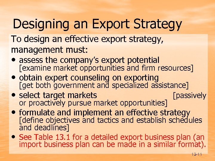 Designing an Export Strategy To design an effective export strategy, management must: • assess