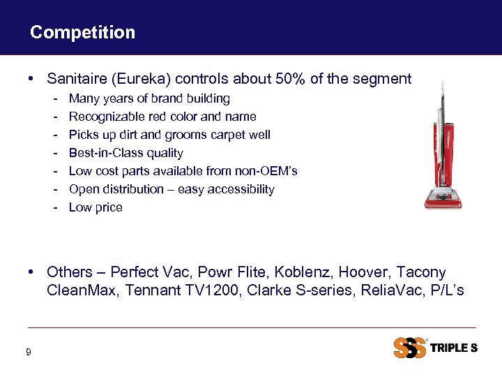 Competition • Sanitaire (Eureka) controls about 50% of the segment - Many years of